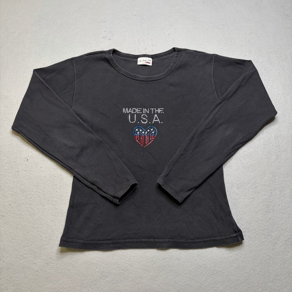 Y2K Made In The‎ USA Rhinestone Long Sleeve Shirt Women’s Medium Gray USA Tee